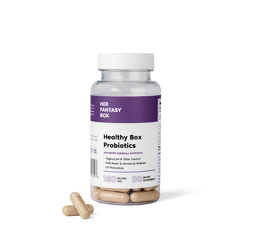 Bottle of 'Healthy Box Probiotics' by Her Fantasy Box on a white background