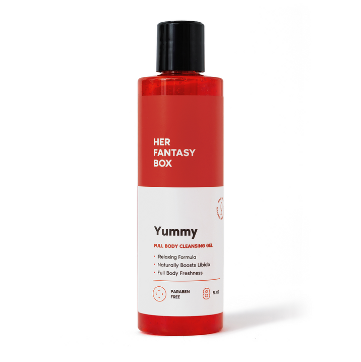 Her Fantasy Box Yummy full body cleansing gel clean product shot on white background — paraben-free, 8 fl oz