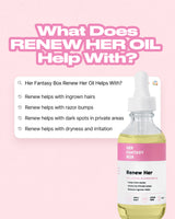 What Does Renew Her Oil Help With? Search results: Renew helps with ingrown hairs. Renew helps with razor bumps. Renew helps with dark spots in private areas. Renew helps with dryness and irritation. Her Fantasy Box Renew Her bottle label: 100% Natural Rejuvenating Oil. Fades Dark Marks, Moisturize Private Areas, Reduces Ingrown Hairs. Apply Daily. Citrus Herb. 2 FL OZ.