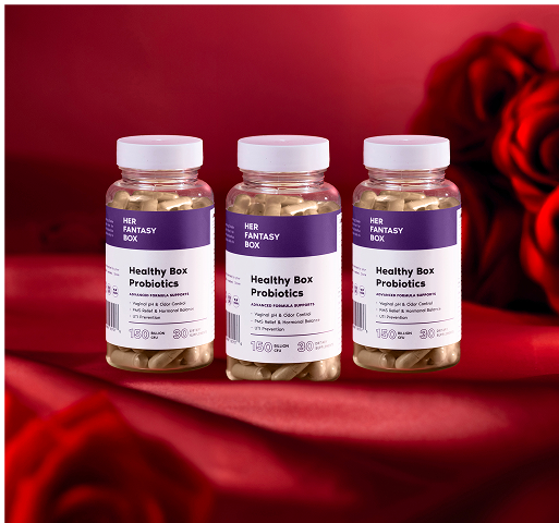 Three bottles of 'Her Fantasy Box' probiotics on a red background with roses.