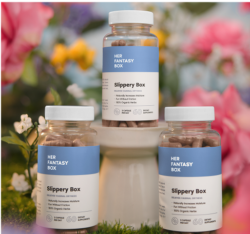 Three bottles of 'Her Fantasy Box Slippery Box' products with a floral background.