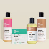 Her Fantasy Box sensitive skin bundle featuring Sensitive Probiotic+ wash, Everywhere Wipes, Unscented Body Splash, and Sensitive Skin Soother on neutral background