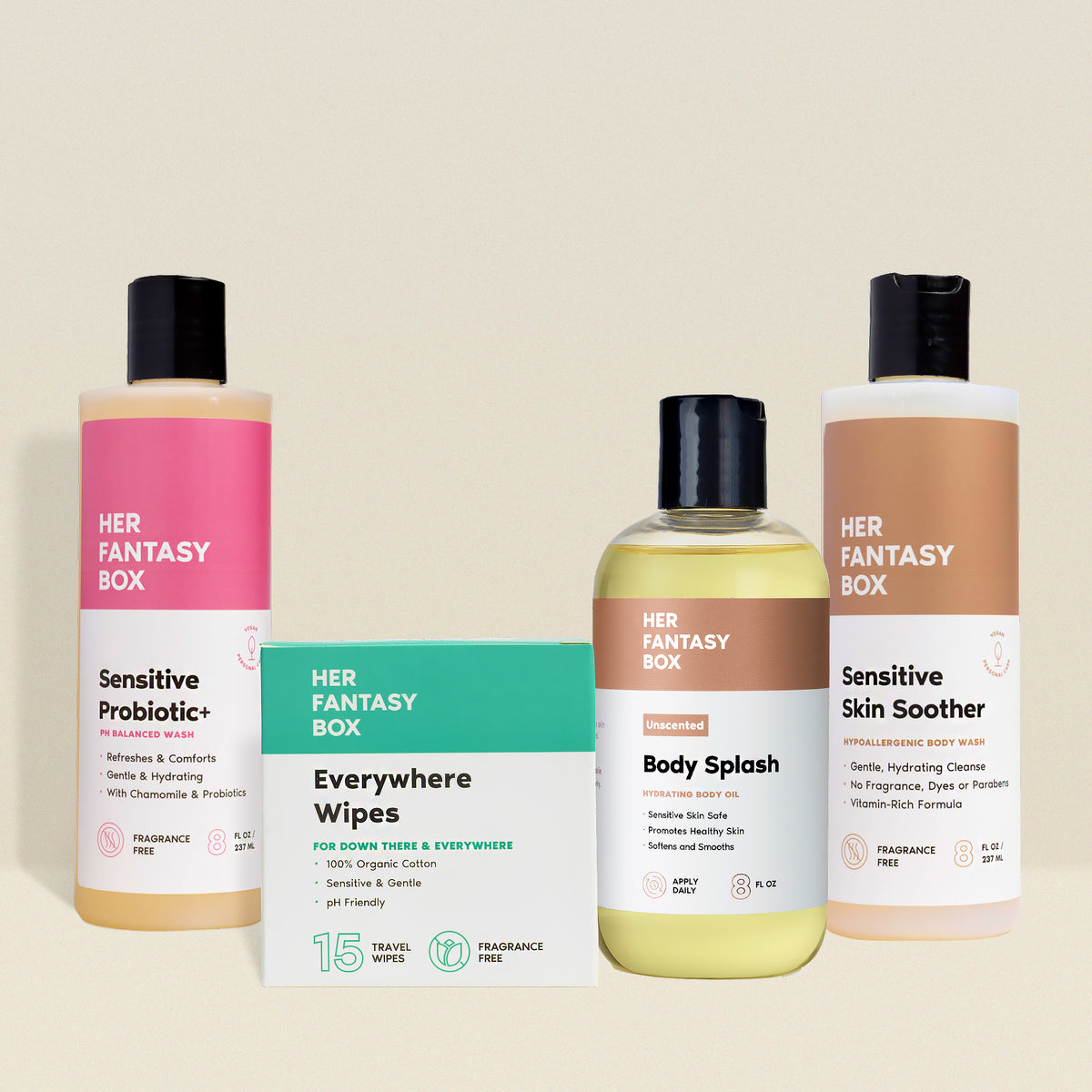 Her Fantasy Box sensitive skin bundle featuring Sensitive Probiotic+ wash, Everywhere Wipes, Unscented Body Splash, and Sensitive Skin Soother on neutral background