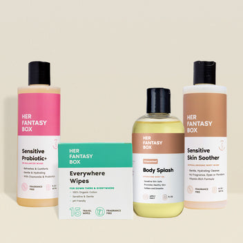 Her Fantasy Box sensitive skin bundle featuring Sensitive Probiotic+ wash, Everywhere Wipes, Unscented Body Splash, and Sensitive Skin Soother on neutral background