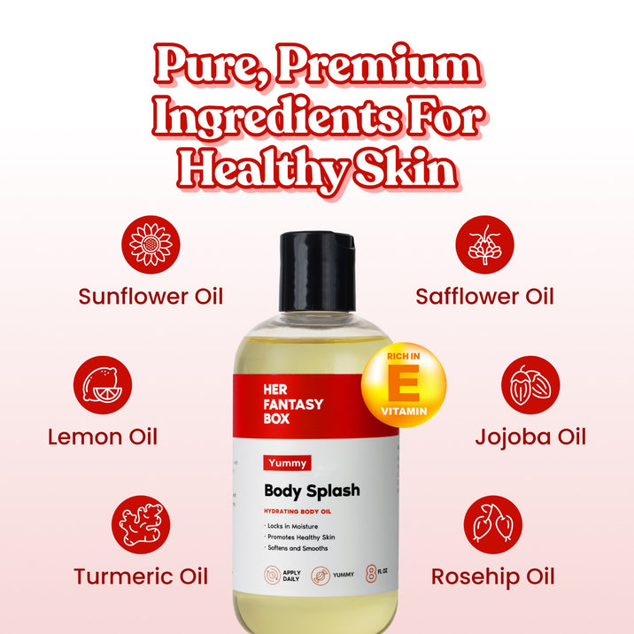 Pure, Premium Ingredients For Healthy Skin. Her Fantasy Box Yummy Body Splash Hydrating Body Oil – Locks In Moisture, Promotes Healthy Skin, Softens and Smooths. Apply Daily, Yummy, 8 fl oz. Rich In Vitamin E badge. Six ingredient icons: Sunflower Oil, Safflower Oil, Lemon Oil, Jojoba Oil, Turmeric Oil, Rosehip Oil.