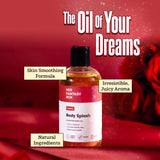 Her Fantasy Box Body Splash Hydrating Body Oil. "The Oil of Your Dreams." Callouts: Skin Smoothing Formula, Irresistible Juicy Aroma, Natural Ingredients. Bottle label: Yummy. Locks in Moisture, Promotes Healthy Skin, Softens and Smooths. Apply Daily. 8 FL OZ.