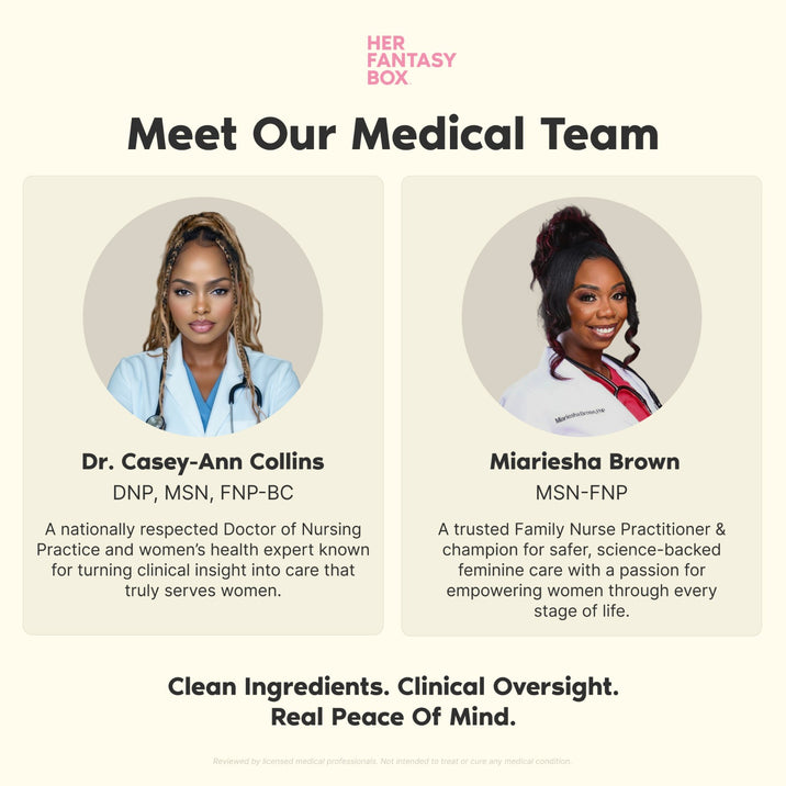 Her Fantasy Box – Meet Our Medical Team. Dr. Casey-Ann Collins, DNP, MSN, FNP-BC: A nationally respected Doctor of Nursing Practice and women's health expert known for turning clinical insight into care that truly serves women. Miariesha Brown, MSN-FNP: A trusted Family Nurse Practitioner & champion for safer, science-backed feminine care with a passion for empowering women through every stage of life. Clean Ingredients. Clinical Oversight. Real Peace Of Mind.