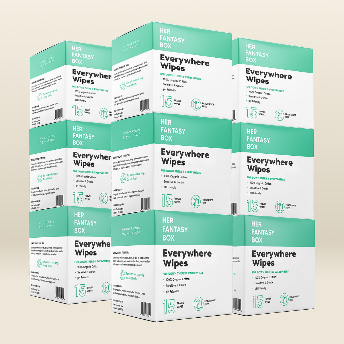 Multiple boxes of 'Everywhere Wipes' by 'Her Fantasy Box' on a beige background