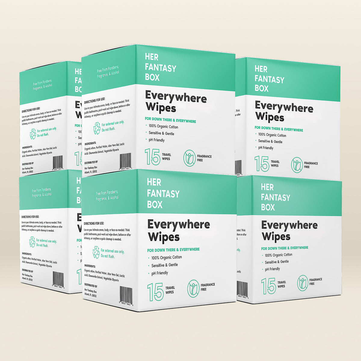 Multiple boxes of 'Everywhere Wipes' by 'Her Fantasy Box' on a beige background