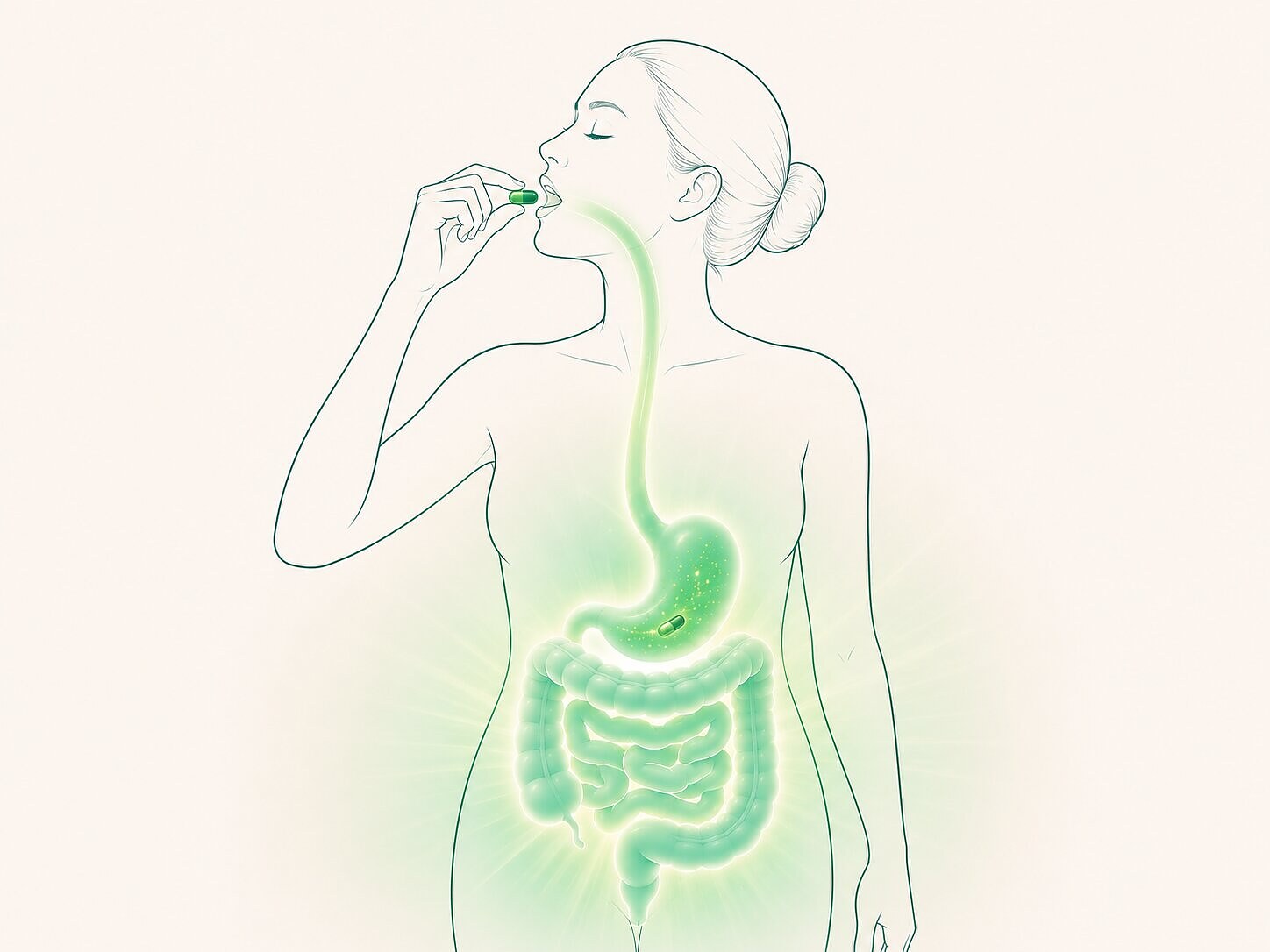 Illustration of a woman with a glowing, healthy gut and digestive system