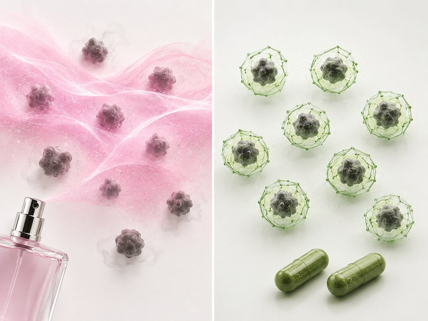 Perfume spray leaving odor molecules loose, versus green Body Magic capsules trapping the odor molecules