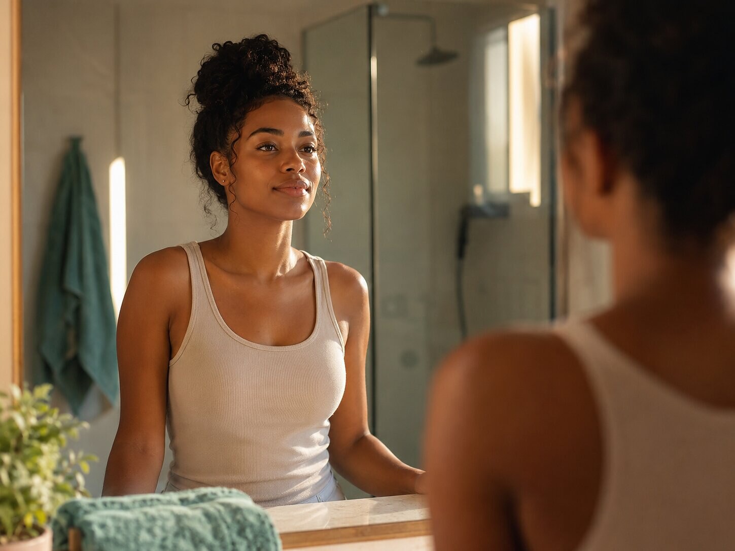 Woman looking confidently at herself in the bathroom mirror