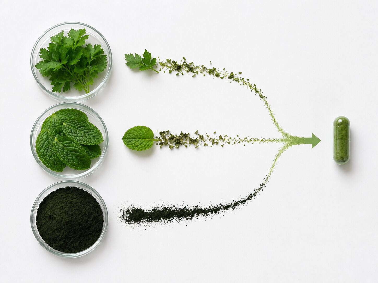 Parsley, peppermint and chlorophyll powder combining into a single green capsule
