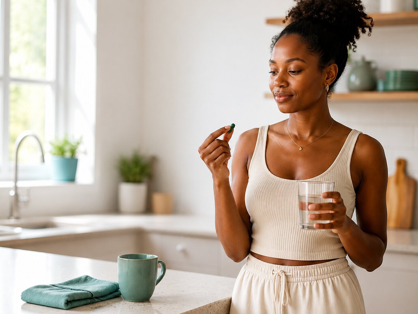 Woman in a bright kitchen taking one green Body Magic capsule with a glass of water