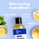 Skin Loving Ingredients. Her Fantasy Box Bluberry Crème Body Splash Hydrating Body Oil. Grapeseed Oil – Helps skin look smooth and refreshed. Lemon Oil – Adds a clean, fresh scent experience. Jojoba Oil – Softens and conditions the skin's surface. Grapeseed leaves, lemon slices, and oil bowls surrounding the bottle.