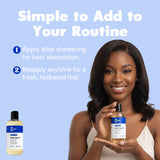 Simple to Add to Your Routine. Her Fantasy Box Body Splash Hydrating Body Oil. 1. Apply after showering for best absorption. 2. Reapply anytime for a fresh, hydrated feel. Woman smiling and holding the Body Splash bottle.