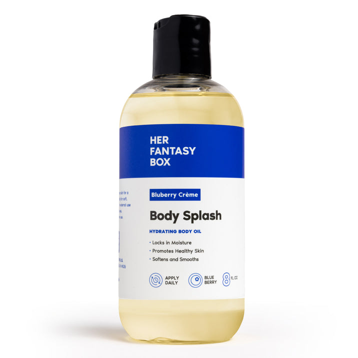Her Fantasy Box Blueberry Crème Body Splash hydrating body oil 8 fl oz bottle on white background