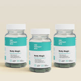 Three bottles of Her Fantasy Box Body Magic dietary supplements for natural body odor control, 30 capsules each.