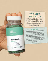 Her Fantasy Box Body Magic bottle held in hand. Label: "Remove Body Odor Naturally. Fresh Underarms, Fresher Smelling Breath, Fresh Smelling Private Area. 1 Capsule Per Day, 30 Dietary Supplements." Callout: "Body Odor, Detox & Skin – Natural full-body odor control for all-day freshness and confidence." 5-star review by Courtney S.: "I had self confident problems with the Oder in my feet, arm pits and sometimes my breath. Ever since I've been taking these for almost a week now I have noticed a big differenc