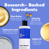 Research-Backed Ingredients. Her Fantasy Box Body Vitamins Multi-Vitamin Body Wash. Shea Butter – Helps nourish and soften dryness. Vitamins A + C + E – Support smooth, radiant-looking skin. Hyaluronic Acid – Boosts skin's moisture for a smoother look. Jojoba Oil – Softens and conditions for a silky feel. Shea butter, vitamin capsules, and jojoba oil surrounding the bottle.