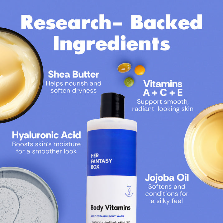 Research-Backed Ingredients. Her Fantasy Box Body Vitamins Multi-Vitamin Body Wash. Shea Butter – Helps nourish and soften dryness. Vitamins A + C + E – Support smooth, radiant-looking skin. Hyaluronic Acid – Boosts skin's moisture for a smoother look. Jojoba Oil – Softens and conditions for a silky feel. Shea butter, vitamin capsules, and jojoba oil surrounding the bottle.