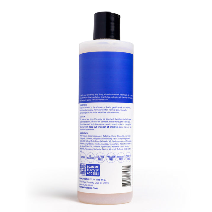 Her Fantasy Box Body Vitamins Multi-Vitamin Body Wash back label showing vegan, pH balanced, sulfate-free, paraben-free, and cruelty-free certifications