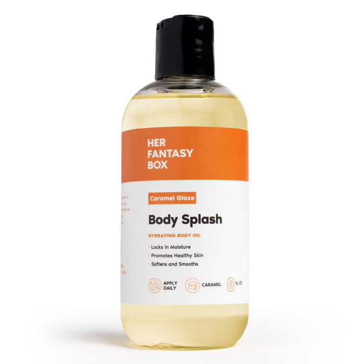 Her Fantasy Box Caramel Glaze Body Splash hydrating body oil 8 fl oz bottle on white background