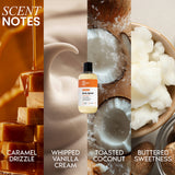 Her Fantasy Box Caramel Glaze Body Splash scent notes graphic featuring caramel drizzle, whipped vanilla cream, toasted coconut, and buttered sweetness.