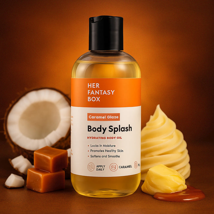 Her Fantasy Box Caramel Glaze Body Splash hydrating body oil styled with coconut, caramel, and whipped cream.