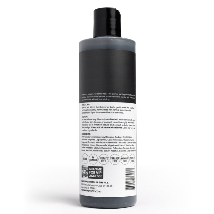 Her Fantasy Box Charcoal Detox exfoliating body wash back label showing vegan, pH balanced, sulfate-free, paraben-free, and cruelty-free certifications on a white background