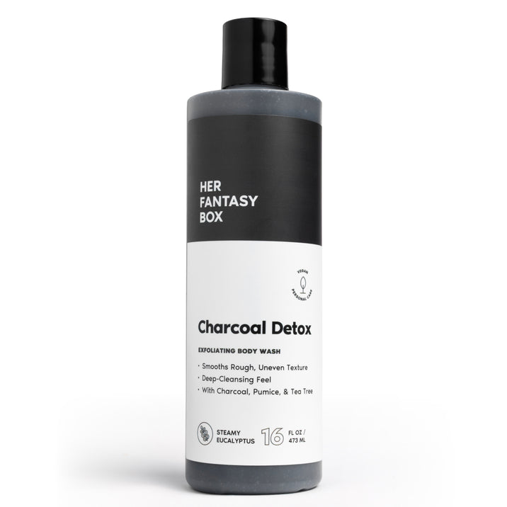 Her Fantasy Box Charcoal Detox Steamy Eucalyptus exfoliating body wash 16 fl oz bottle on white background