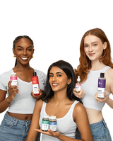 Three women holding various bottles of skincare products against a transparent background
