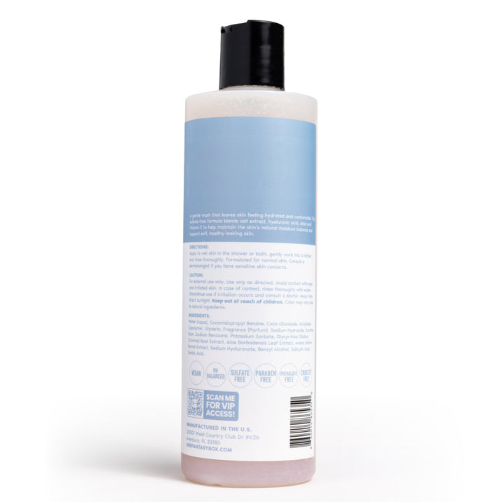 Her Fantasy Box Dr. Hydration hydrating body wash back label showing vegan, pH balanced, sulfate-free, paraben-free, and cruelty-free certifications