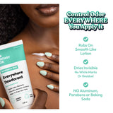 Control Odor EVERYWHERE You Apply It. Her Fantasy Box Eucalyptus Mint Everywhere Deodorant With Probiotics – Fights Odor/Bacteria, Naturally Absorbs Moisture, Helps To Even Skin Tone. Invisible Cream, Plant Based, 2.5fl oz. Checkmarks: Rubs On Smooth Like Lotion. Dries Invisible No White Marks Or Residue! NO Aluminum, Parabens or Baking Soda. Woman applying cream to underarm.