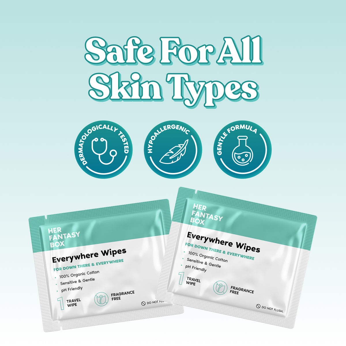 Her Fantasy Box Everywhere Wipes. Safe For All Skin Types. Badges: Dermatologically Tested, Hypoallergenic, Gentle Formula. Two packet labels: "For Down There & Everywhere. 100% Organic Cotton. Sensitive & Gentle. pH Friendly. Travel Wipe. Fragrance Free."