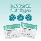 Her Fantasy Box Everywhere Wipes. Safe For All Skin Types. Badges: Dermatologically Tested, Hypoallergenic, Gentle Formula. Two packet labels: "For Down There & Everywhere. 100% Organic Cotton. Sensitive & Gentle. pH Friendly. Travel Wipe. Fragrance Free."