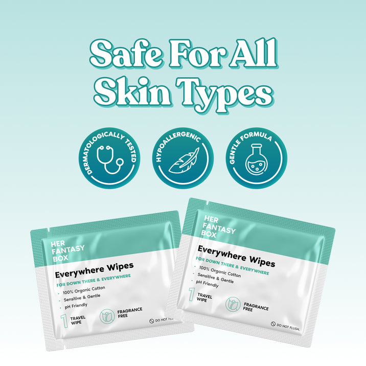 Her Fantasy Box Everywhere Wipes. Safe For All Skin Types. Badges: Dermatologically Tested, Hypoallergenic, Gentle Formula. Two packet labels: "For Down There & Everywhere. 100% Organic Cotton. Sensitive & Gentle. pH Friendly. Travel Wipe. Fragrance Free."