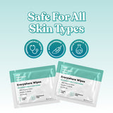 Safe For All Skin Types. Three badges: Dermatologically Tested, Hypoallergenic, Gentle Formula. Her Fantasy Box Everywhere Wipes – For Down There & Everywhere – 100% Organic Cotton, Sensitive & Gentle, pH Friendly. Travel Wipe, Fragrance Free. Two individual wipe packets shown.