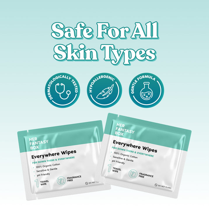 Safe For All Skin Types. Three badges: Dermatologically Tested, Hypoallergenic, Gentle Formula. Her Fantasy Box Everywhere Wipes – For Down There & Everywhere – 100% Organic Cotton, Sensitive & Gentle, pH Friendly. Travel Wipe, Fragrance Free. Two individual wipe packets shown.