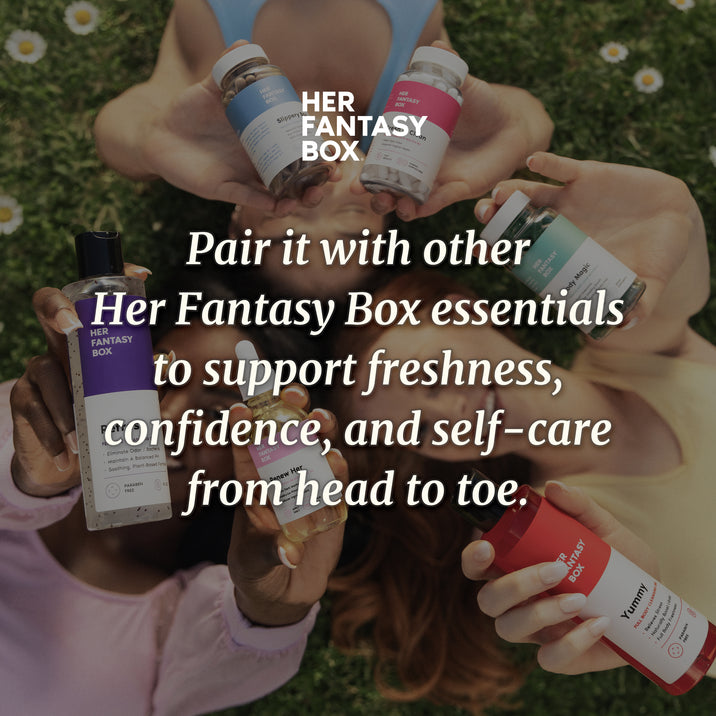 Her Fantasy Box – Developed with Expert Chemists & Tested by Women. Two scientists in lab coats and hair nets working with microscope and samples.
