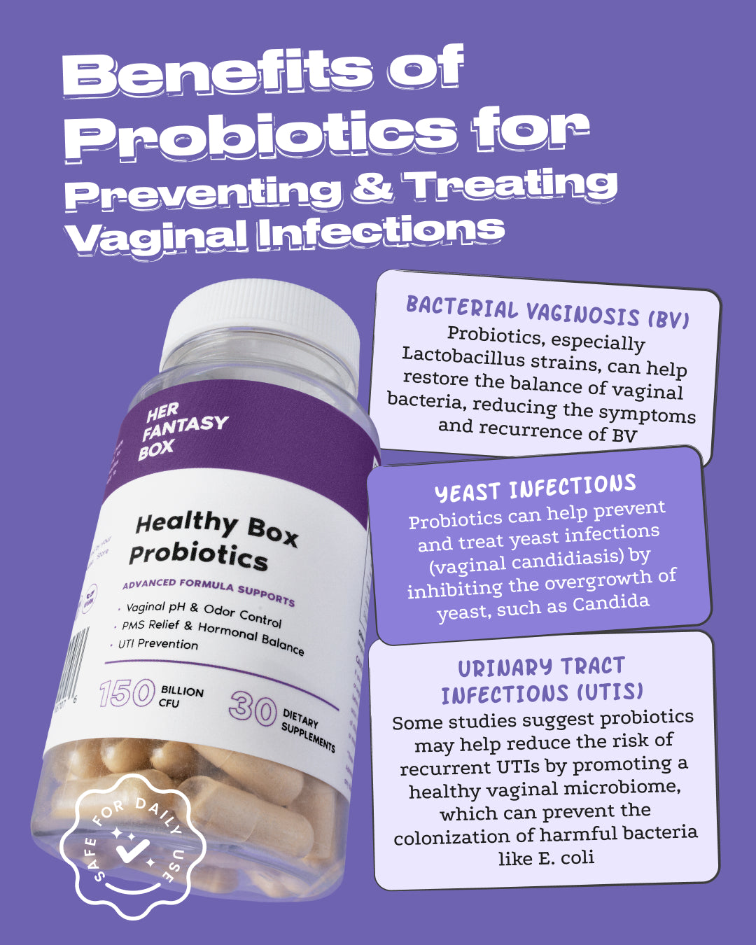Her Fantasy Box Healthy Box Probiotics – Benefits of Probiotics for Preventing & Treating Vaginal Infections. Bacterial Vaginosis (BV): Lactobacillus strains help restore balance of vaginal bacteria, reducing BV symptoms and recurrence. Yeast Infections: Probiotics inhibit overgrowth of yeast such as Candida. Urinary Tract Infections (UTIs): Probiotics may reduce recurrent UTIs by promoting a healthy vaginal microbiome, preventing colonization of harmful bacteria like E. coli. Badge: Safe For Daily Use. Bot