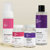 Her Fantasy Box full feminine hygiene bundle featuring Boric Balance, Fresh & Clean, Healthy Box Probiotics, and Refresh cleanser