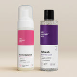 Her Fantasy Box Boric Balance boric acid foam wash and Refresh pH-balanced cleanser displayed together on neutral background