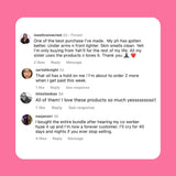 Instagram comments. iswellconnected: "One of the best purchases. PH better, under arms n front lighter, skin smells clean, only buying from Yah'll for life." sariiahknight: "That oil has a hold on me, ordering 2 more." misstookas: "I love these products so much yessssssss!!" nasjanoirr: "Bought the entire bundle, now a forever customer. I'll cry for 40 days if you ever stop selling."