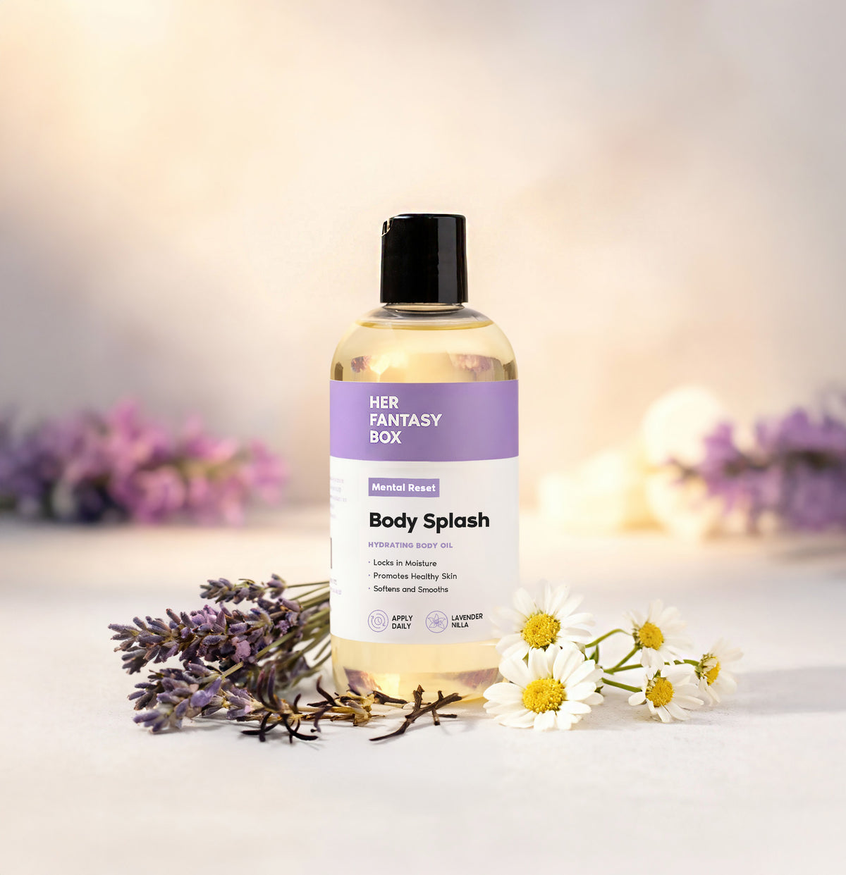 Her Fantasy Box Mental Reset Body Splash hydrating body oil styled with lavender and chamomile flowers.