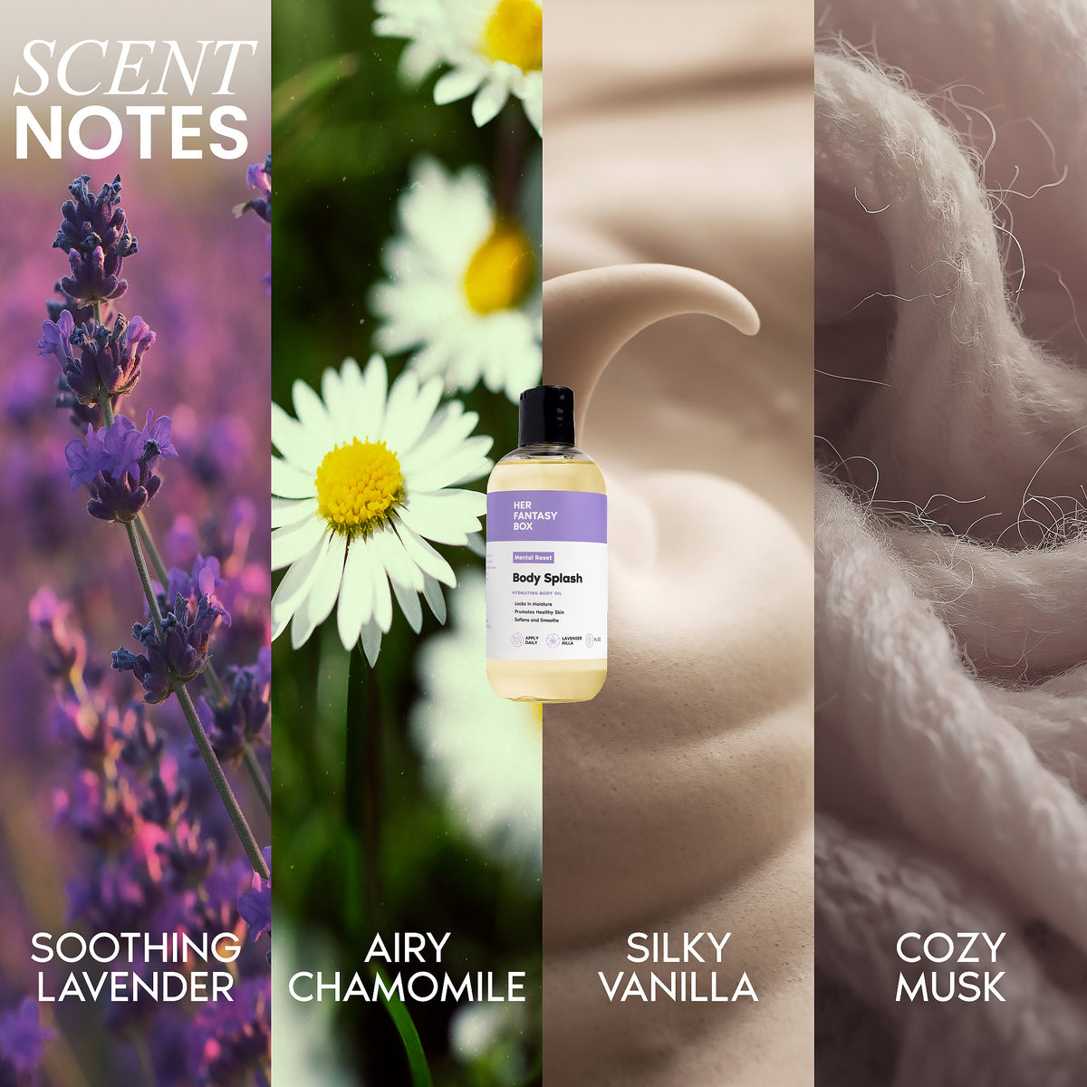 Her Fantasy Box Mental Reset Body Splash scent notes graphic featuring soothing lavender, airy chamomile, silky vanilla, and cozy musk.