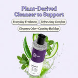 Plant-Derived Cleanser to Support: Everyday Freshness, Refreshing Comfort, Cleanses Odor-Causing Buildup. Her Fantasy Box Refresh feminine wash bottle with aloe vera and mint leaves. Label text partially visible: pH Balanced Formula, Cooling & Soothing, Fragrance Free.