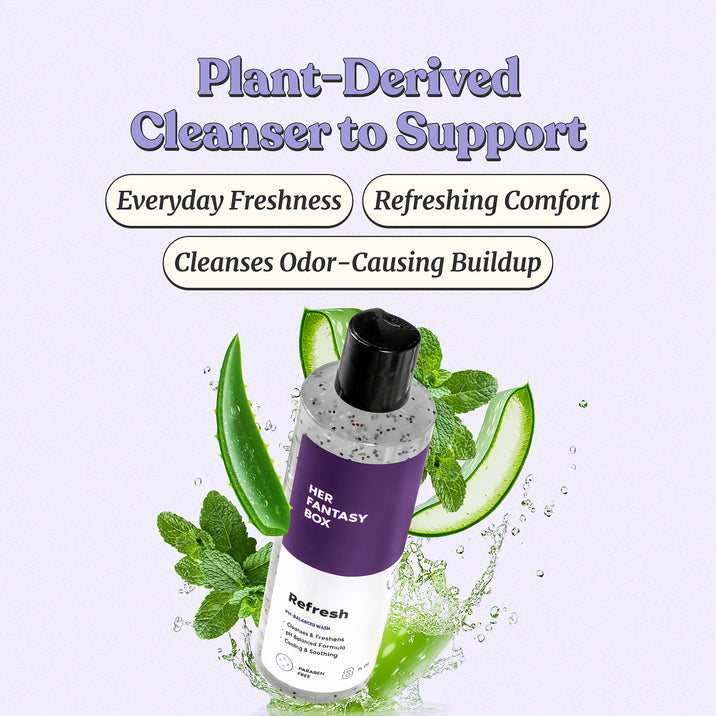 Plant-Derived Cleanser to Support: Everyday Freshness, Refreshing Comfort, Cleanses Odor-Causing Buildup. Her Fantasy Box Refresh feminine wash bottle with aloe vera and mint leaves. Label text partially visible: pH Balanced Formula, Cooling & Soothing, Fragrance Free.