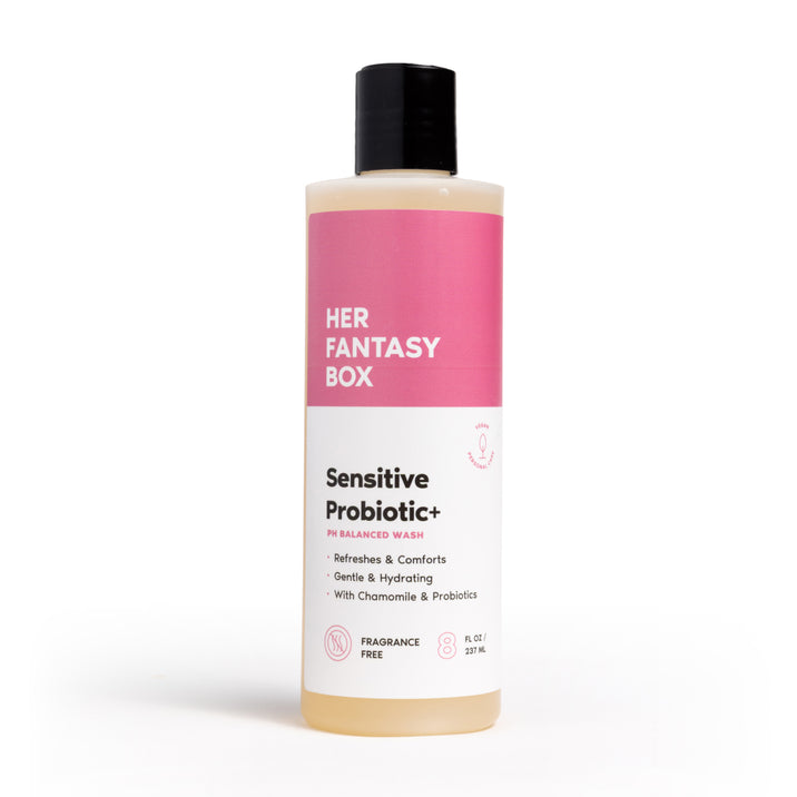 Bottle of 'Her Fantasy Box' sensitive probiotic wash on a white background