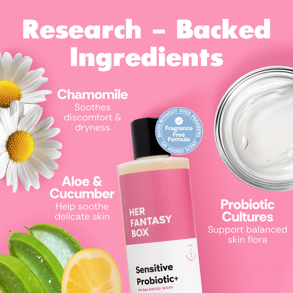 Her Fantasy Box Sensitive Probiotic+ PH Balanced Wash — Research-Backed Ingredients. Chamomile: Soothes discomfort & dryness. Aloe & Cucumber: Help soothe delicate skin. Probiotic Cultures: Support balanced skin flora. Badge: Fragrance Free Formula — Made Without Dyes, Parabens, Or Added Scent.